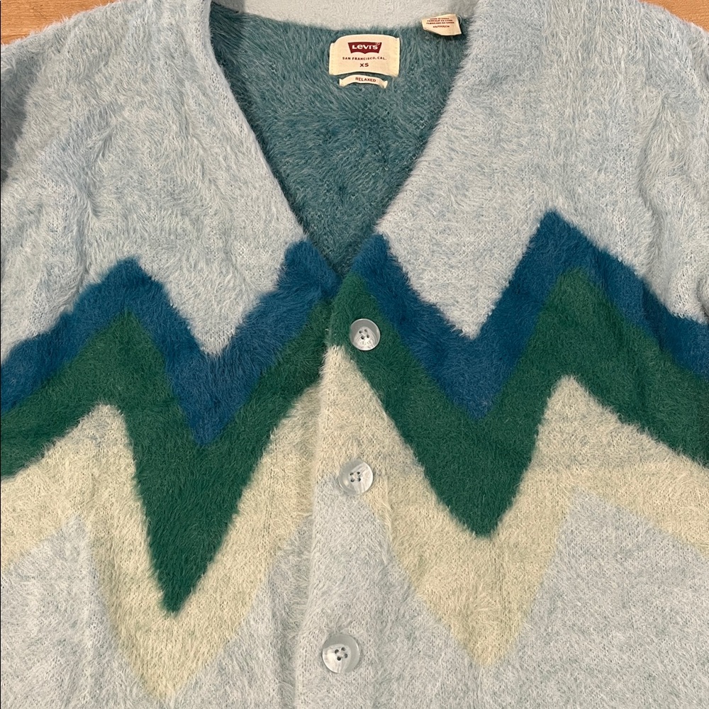 Levi’s Coit Boxy Cardigan Sweater XS Unisex blue green cozy Preppy Soft Stretchy - Picture 2 of 8